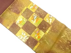 引箔　市松に菖蒲・菊・枝梅模様織り出し　名古屋帯